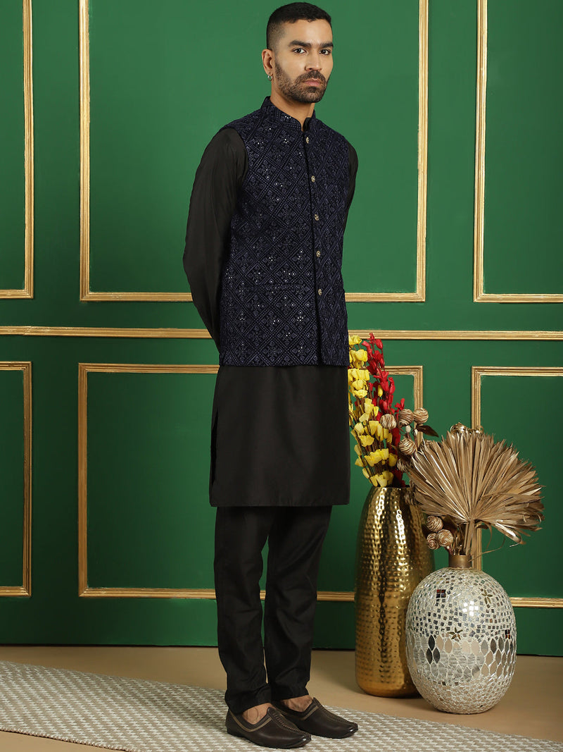 Men's Velvet Nehru Jacket With Solid Kurta Pyjama