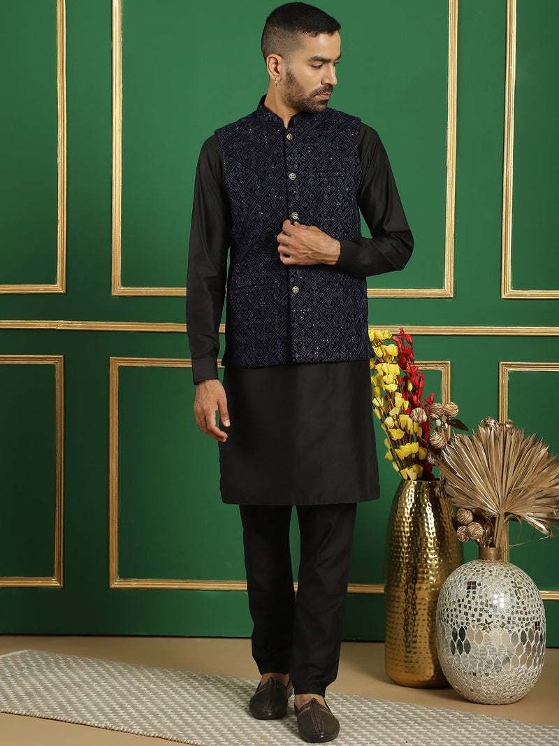 Men's Velvet Nehru Jacket With Solid Kurta Pyjama