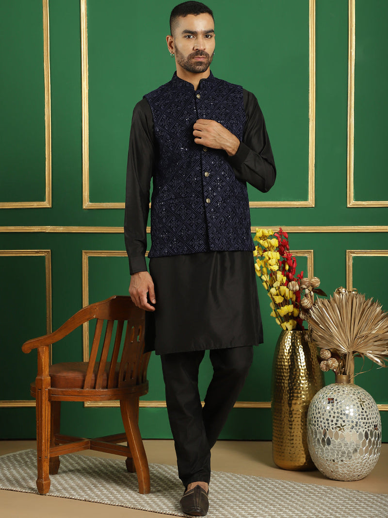 Men's Velvet Nehru Jacket With Solid Kurta Pyjama