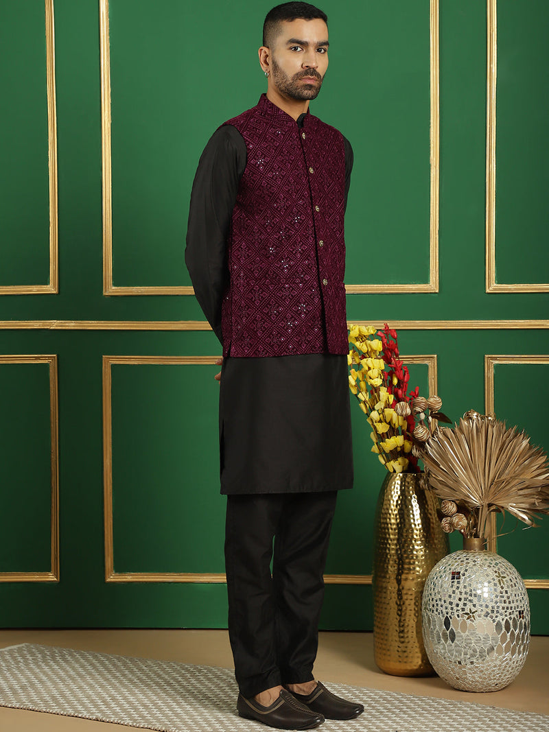 Men's Velvet Nehru Jacket With Solid Kurta Pyjama