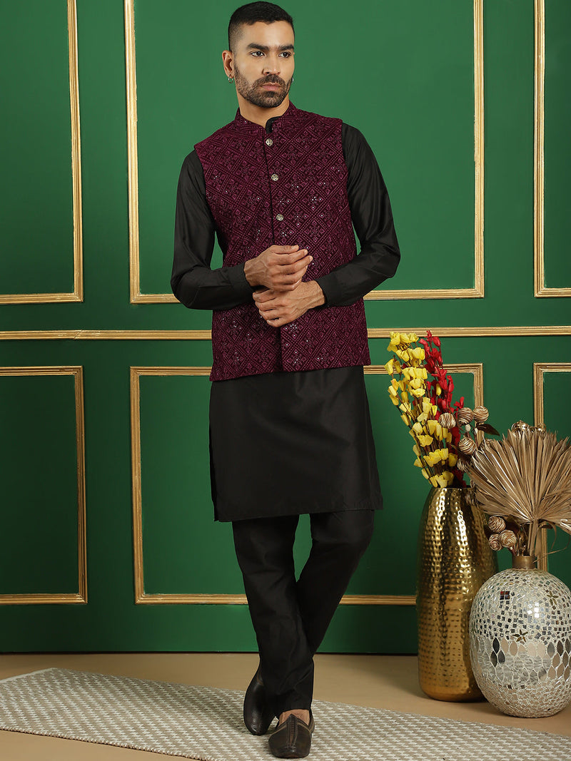 Men's Velvet Nehru Jacket With Solid Kurta Pyjama