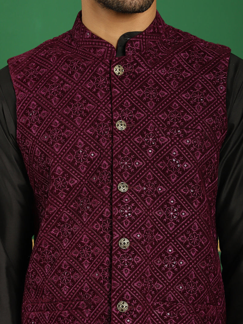 Men's Velvet Nehru Jacket With Solid Kurta Pyjama