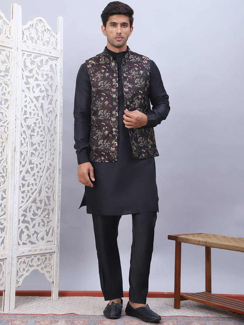 Embossed Nehru Jacket With Solid Kurta Pyjama Set