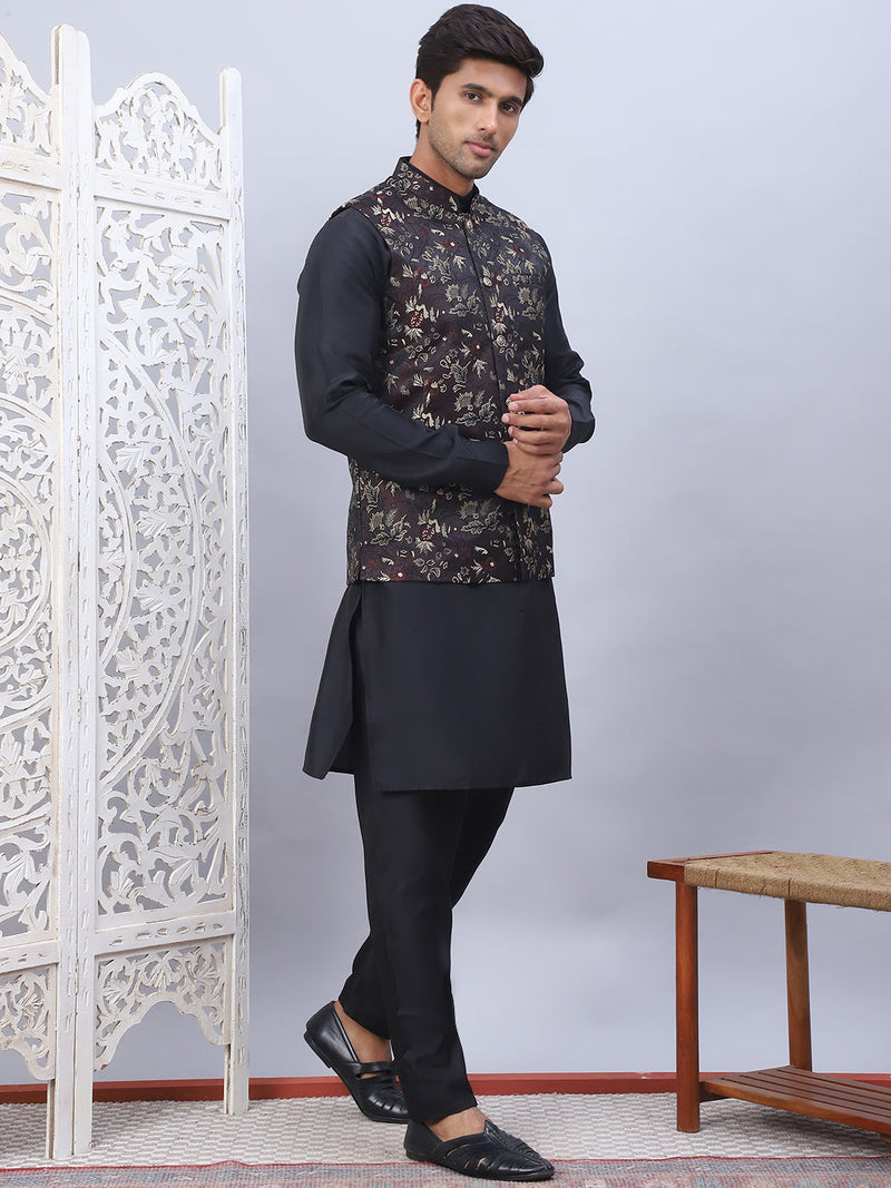 Embossed Nehru Jacket With Solid Kurta Pyjama Set