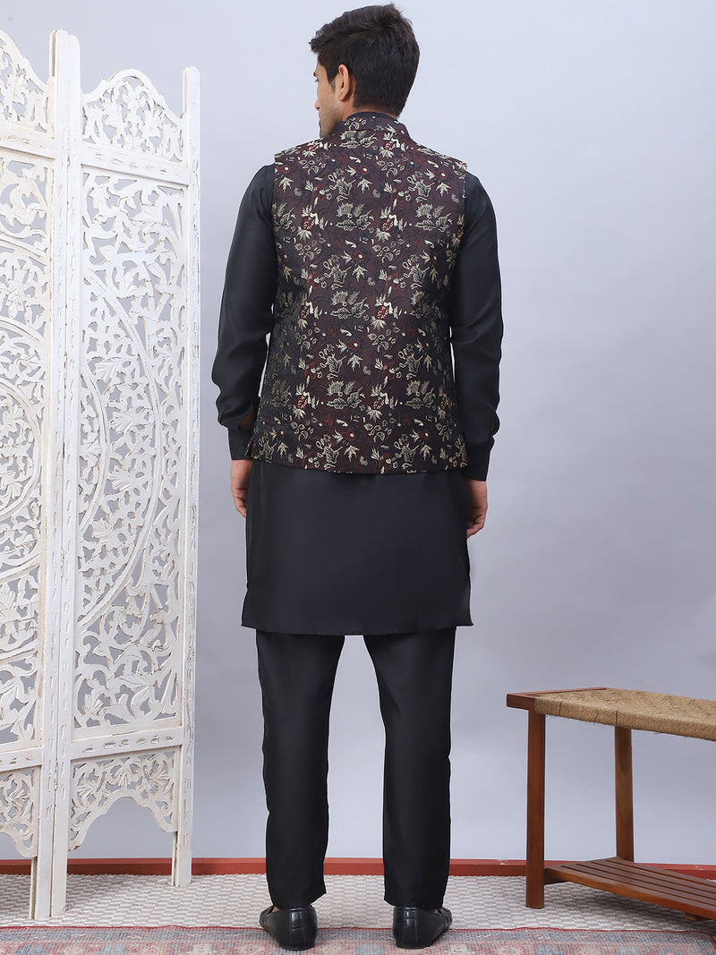 Embossed Nehru Jacket With Solid Kurta Pyjama Set