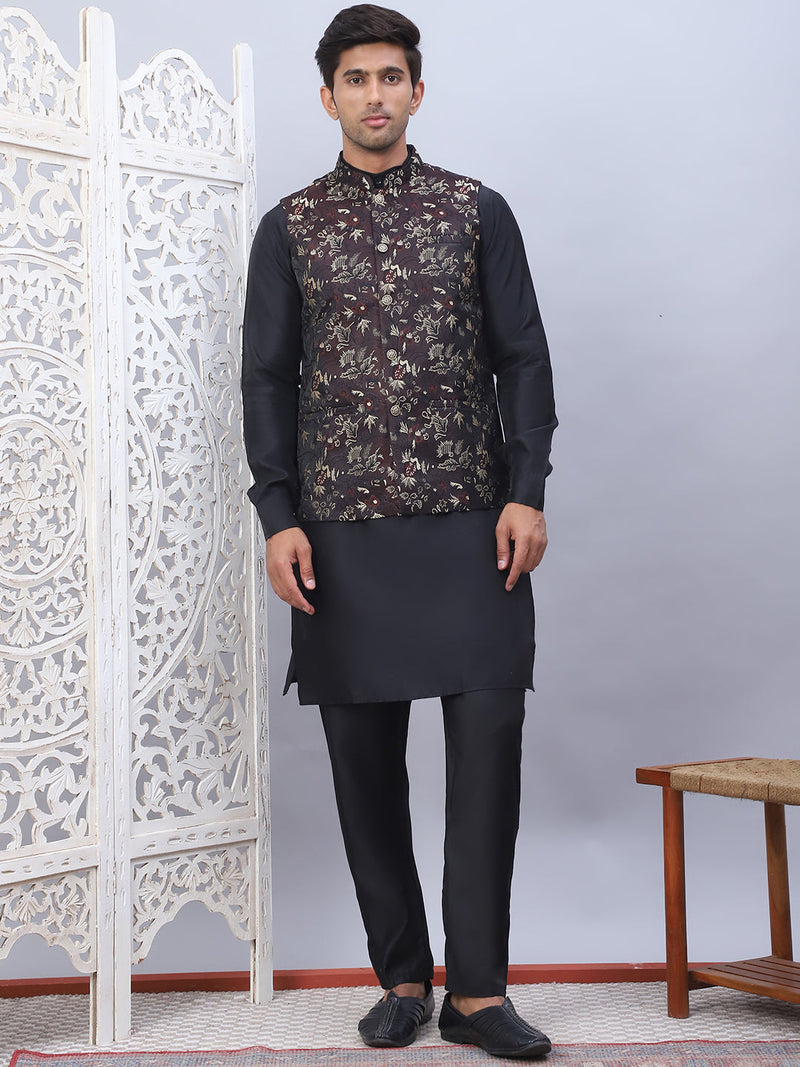 Embossed Nehru Jacket With Solid Kurta Pyjama Set