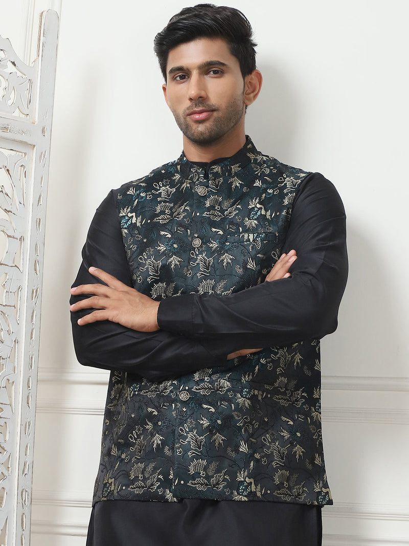 Embossed Nehru Jacket With Solid Kurta Pyjama Set