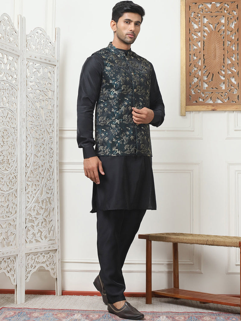 Embossed Nehru Jacket With Solid Kurta Pyjama Set