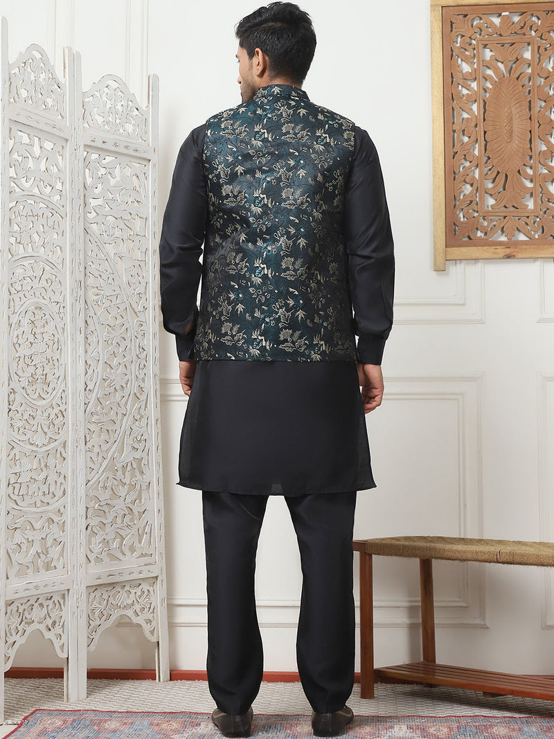 Embossed Nehru Jacket With Solid Kurta Pyjama Set