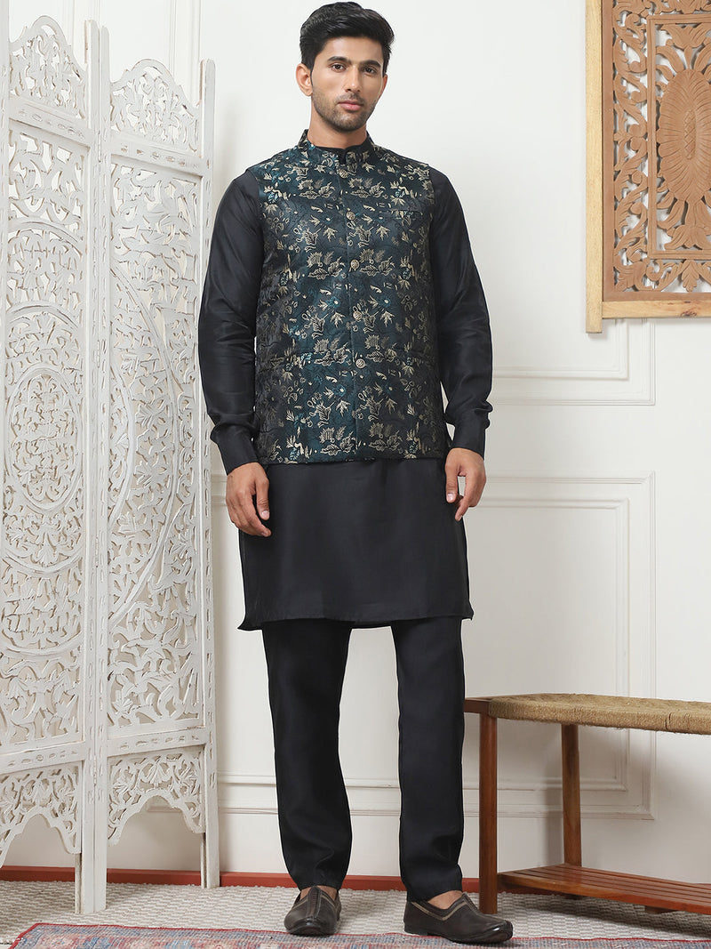 Embossed Nehru Jacket With Solid Kurta Pyjama Set