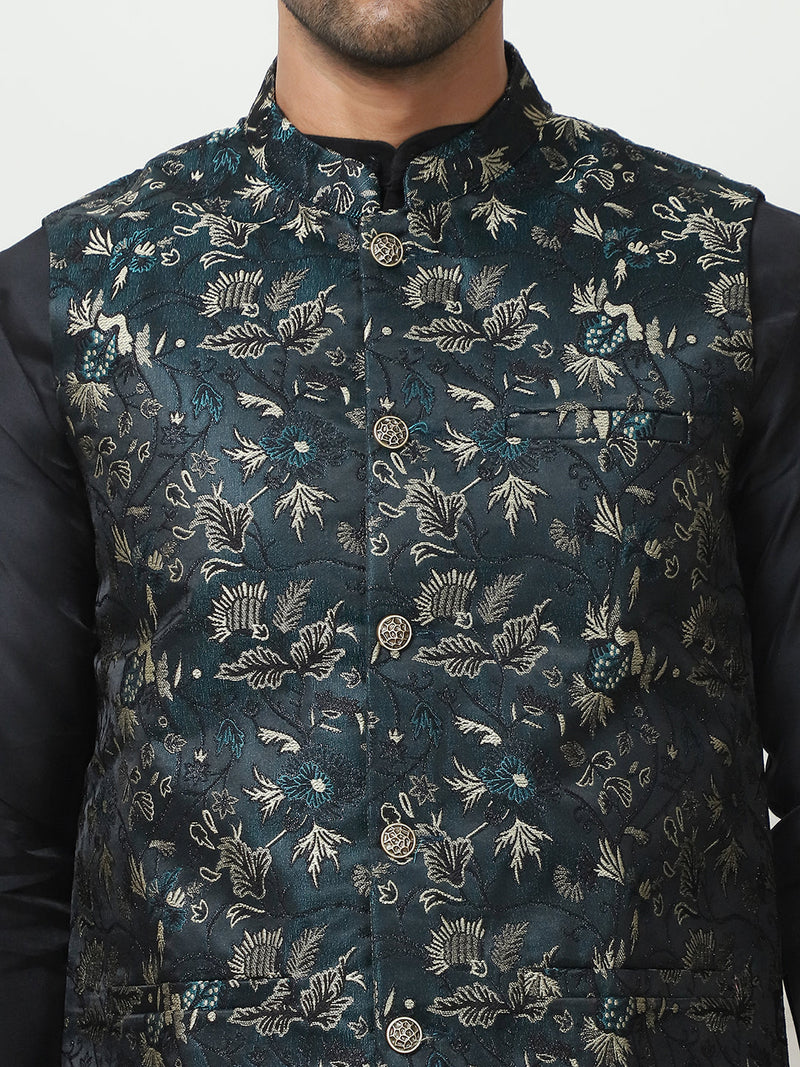 Embossed Nehru Jacket With Solid Kurta Pyjama Set