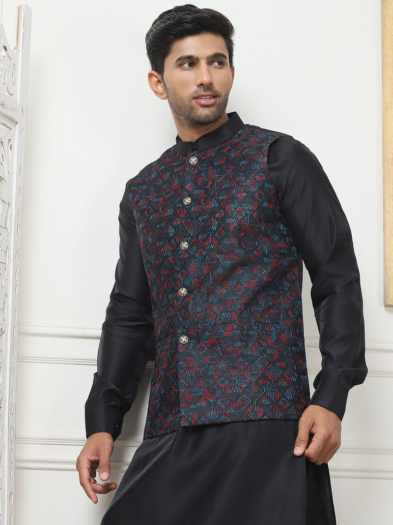 Embroidered Nehru Jacket With Solid Kurta Pyjama Set