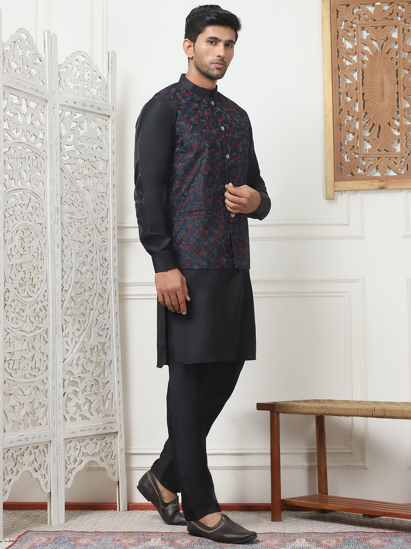 Embroidered Nehru Jacket With Solid Kurta Pyjama Set