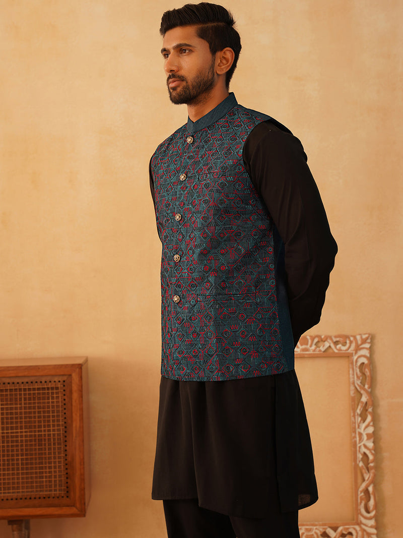 Embroidered Nehru Jacket With Solid Kurta Pyjama Set