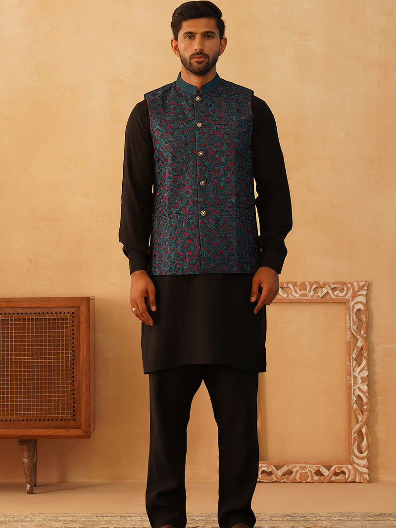 Embroidered Nehru Jacket With Solid Kurta Pyjama Set