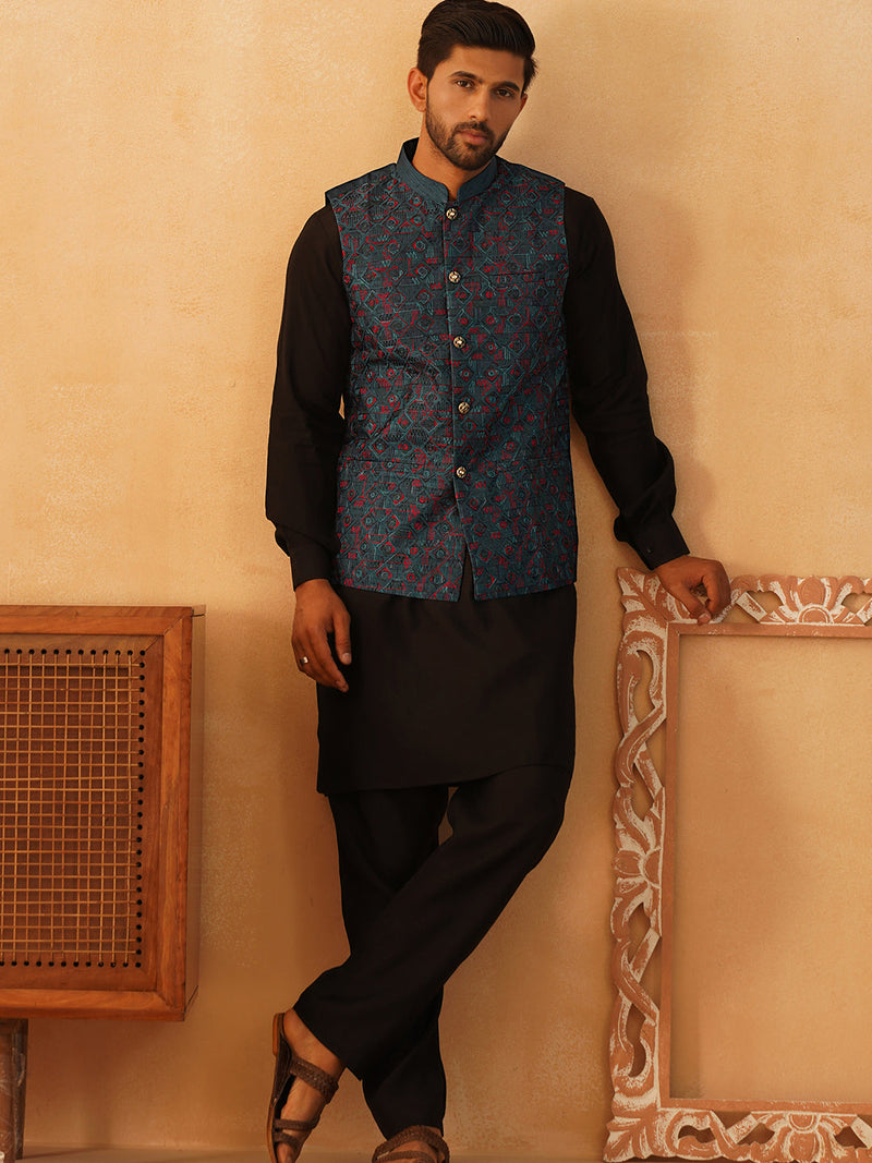 Embroidered Nehru Jacket With Solid Kurta Pyjama Set