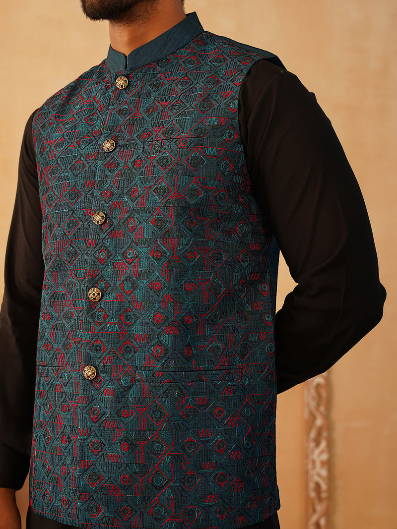 Embroidered Nehru Jacket With Solid Kurta Pyjama Set