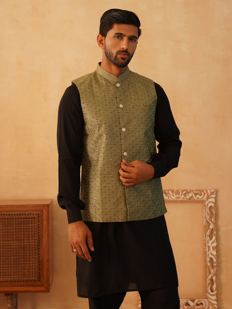 Embroidered Nehru Jacket With Solid Kurta Pyjama Set