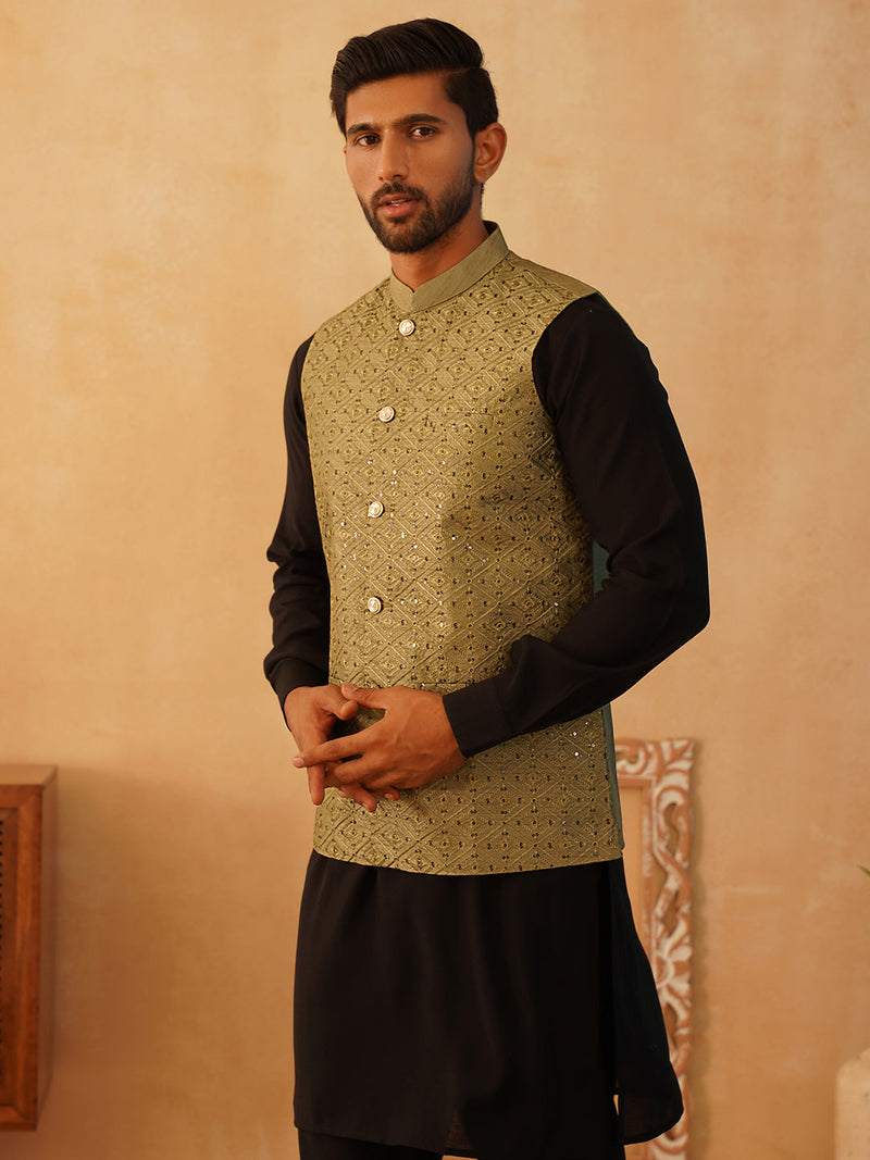 Embroidered Nehru Jacket With Solid Kurta Pyjama Set