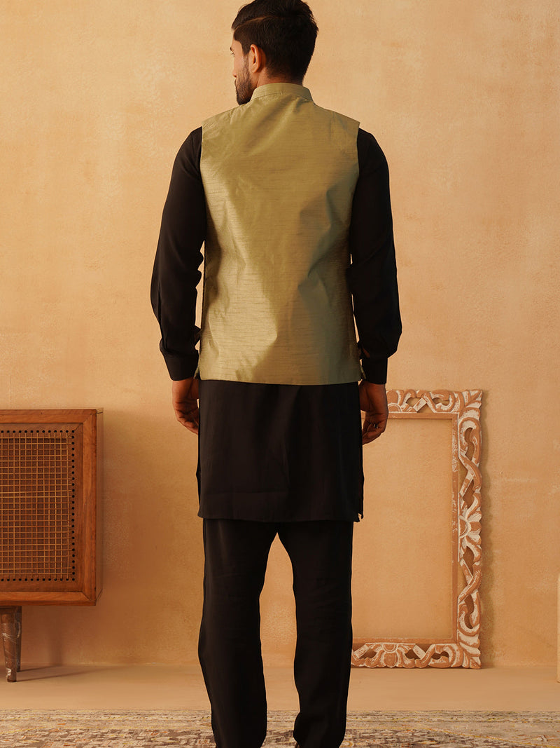 Embroidered Nehru Jacket With Solid Kurta Pyjama Set