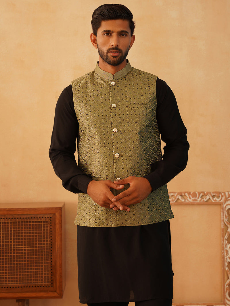 Embroidered Nehru Jacket With Solid Kurta Pyjama Set