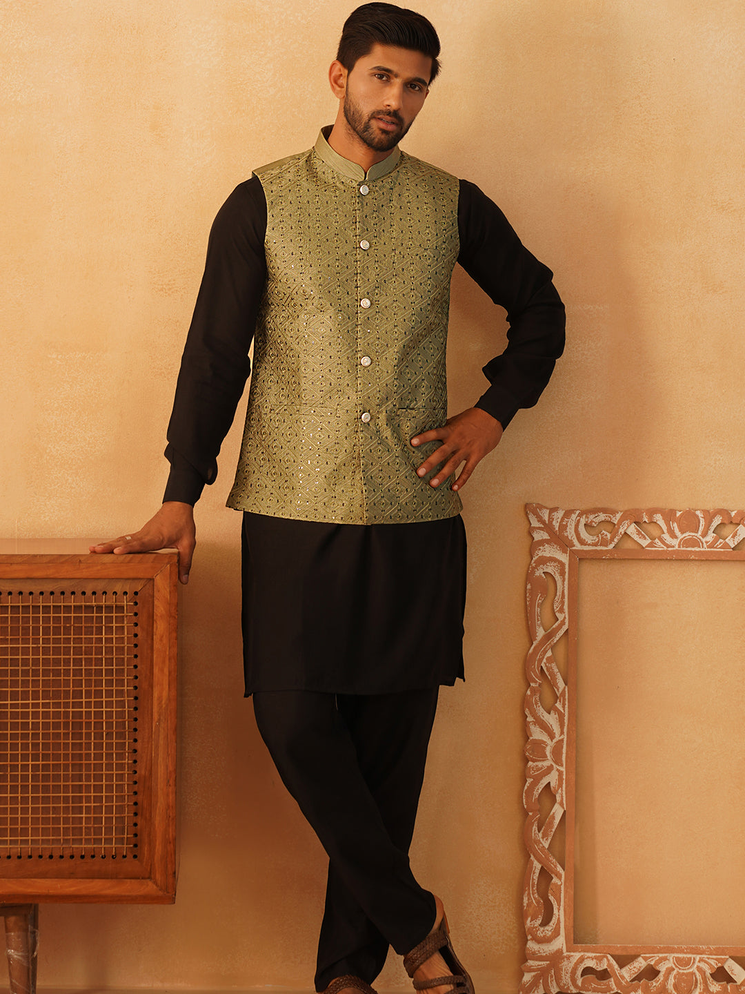 Embroidered Nehru Jacket With Solid Kurta Pyjama Set