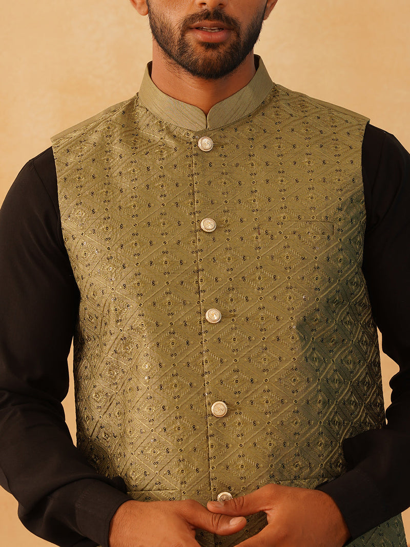 Embroidered Nehru Jacket With Solid Kurta Pyjama Set