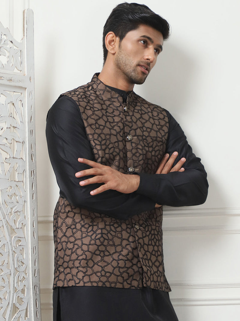 Embroidered Nehru Jacket With Solid Kurta Pyjama Set