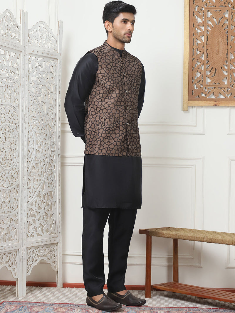 Embroidered Nehru Jacket With Solid Kurta Pyjama Set