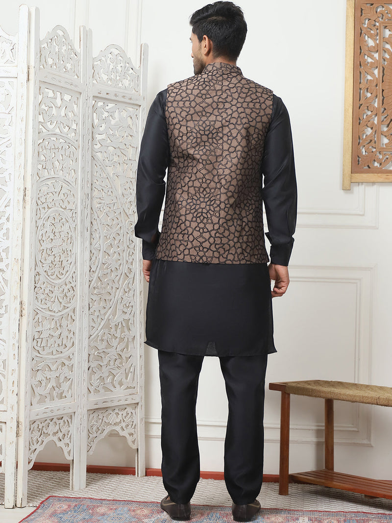 Embroidered Nehru Jacket With Solid Kurta Pyjama Set