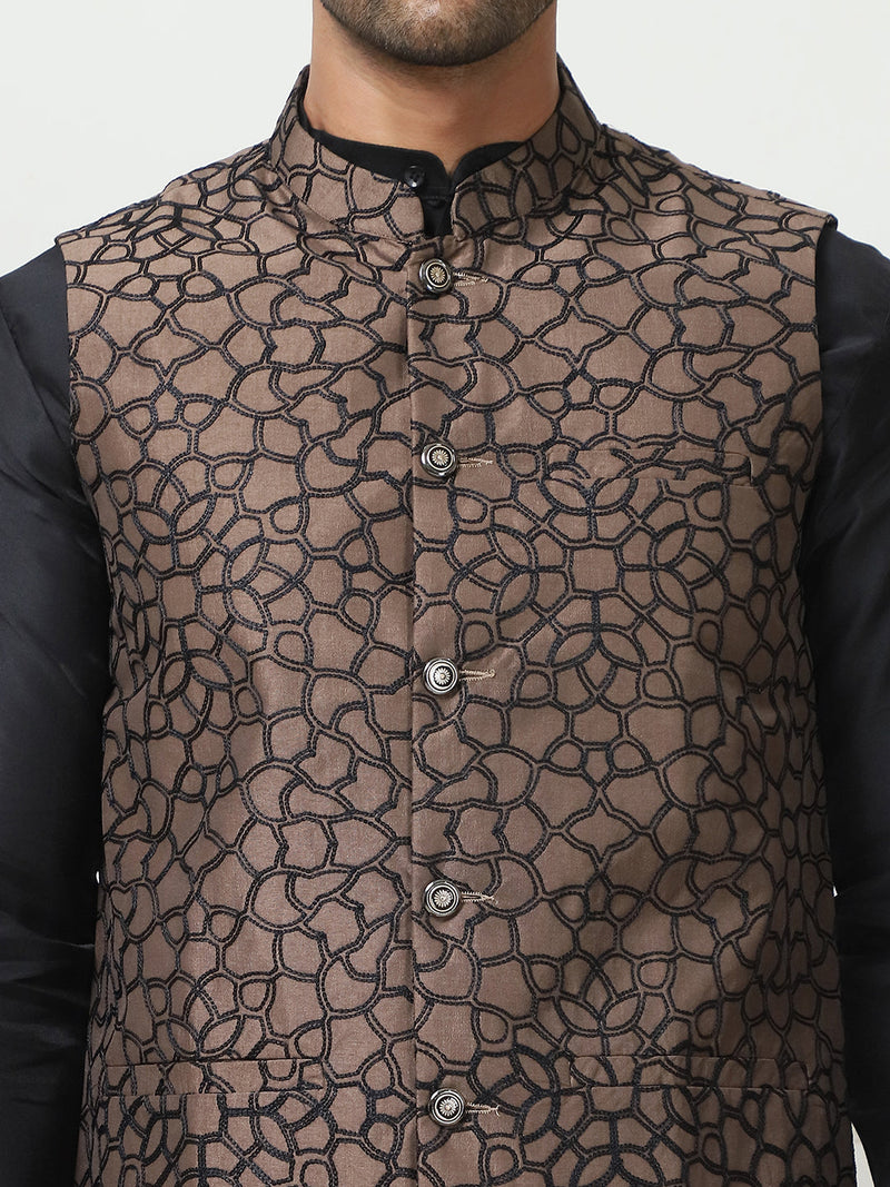 Embroidered Nehru Jacket With Solid Kurta Pyjama Set