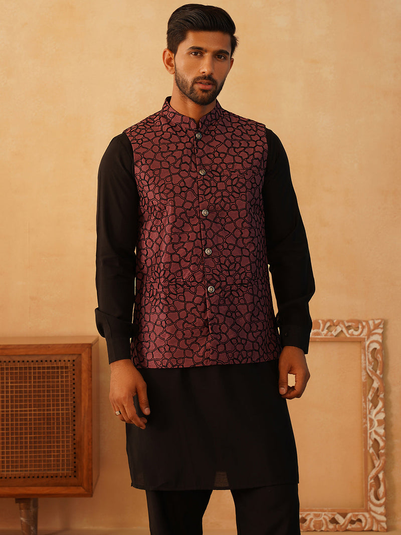 Embroidered Nehru Jacket With Solid Kurta Pyjama Set