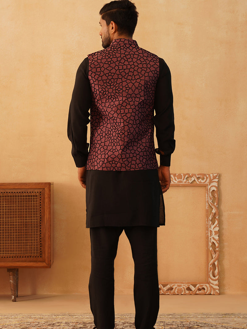 Embroidered Nehru Jacket With Solid Kurta Pyjama Set