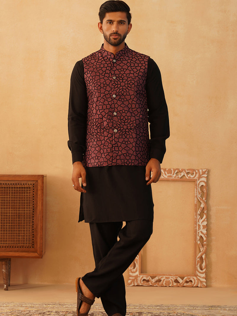 Embroidered Nehru Jacket With Solid Kurta Pyjama Set