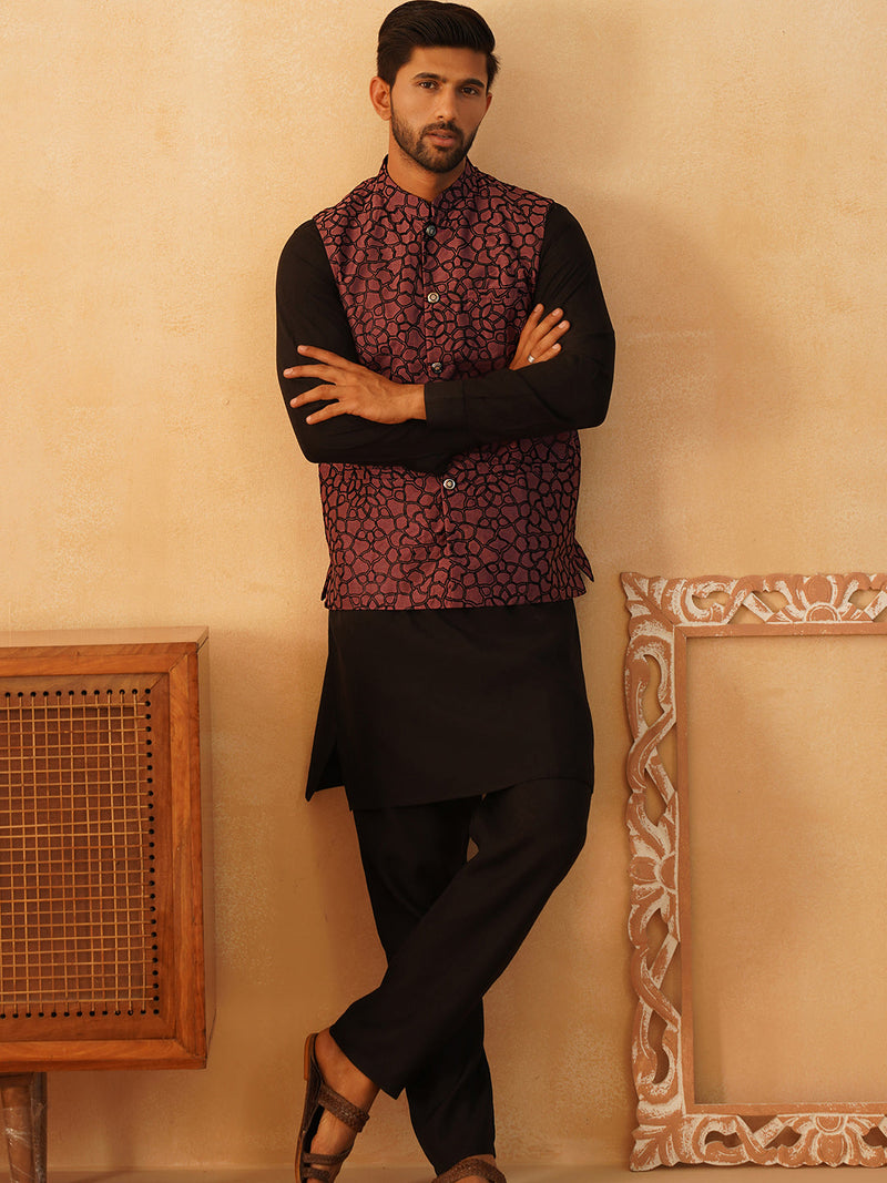 Embroidered Nehru Jacket With Solid Kurta Pyjama Set