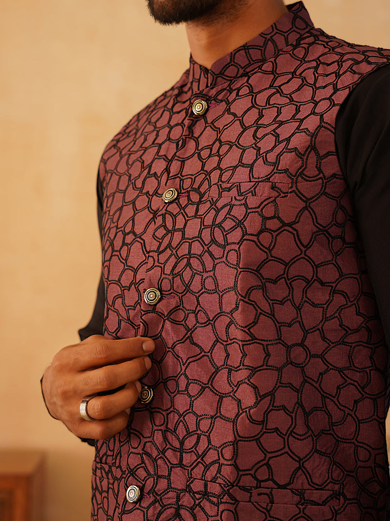 Embroidered Nehru Jacket With Solid Kurta Pyjama Set