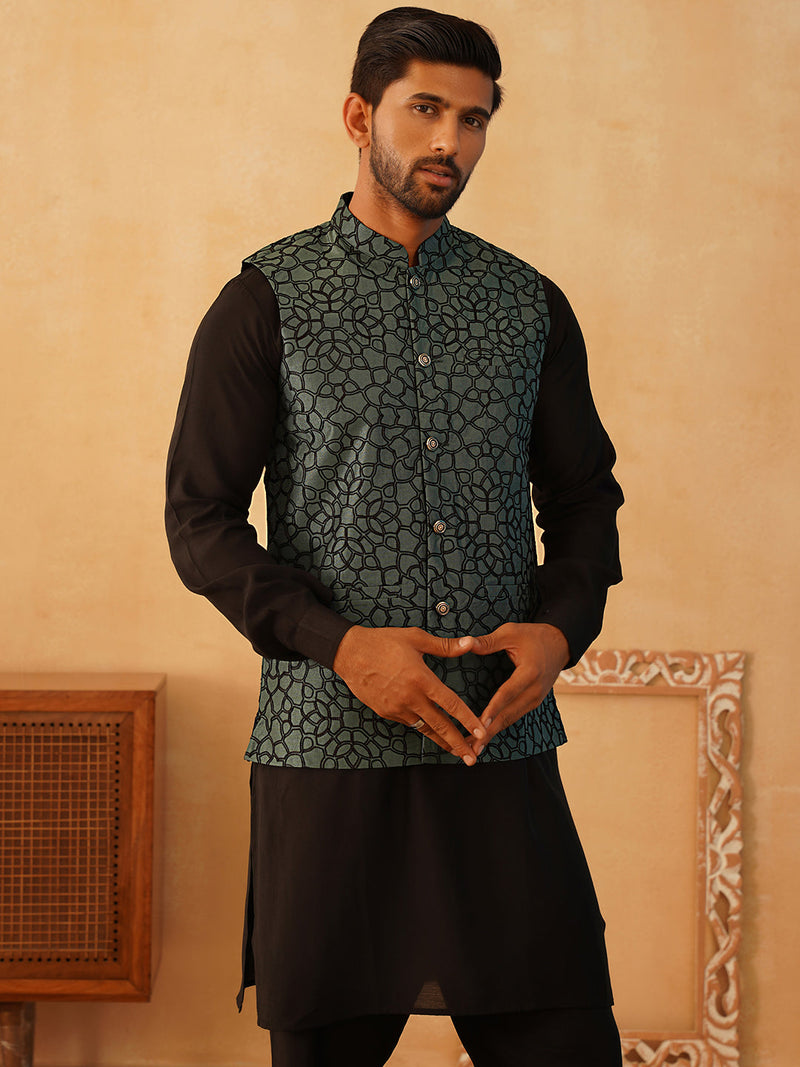 Embroidered Nehru Jacket With Solid Kurta Pyjama Set