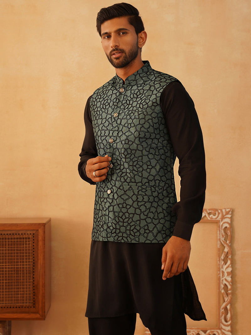 Embroidered Nehru Jacket With Solid Kurta Pyjama Set