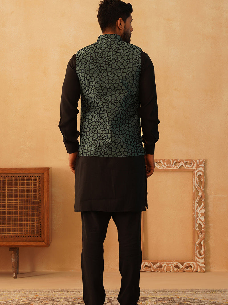 Embroidered Nehru Jacket With Solid Kurta Pyjama Set