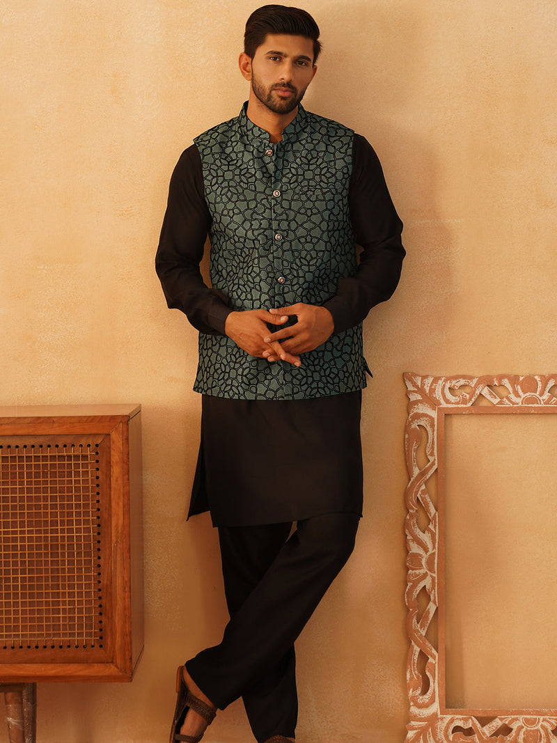 Embroidered Nehru Jacket With Solid Kurta Pyjama Set