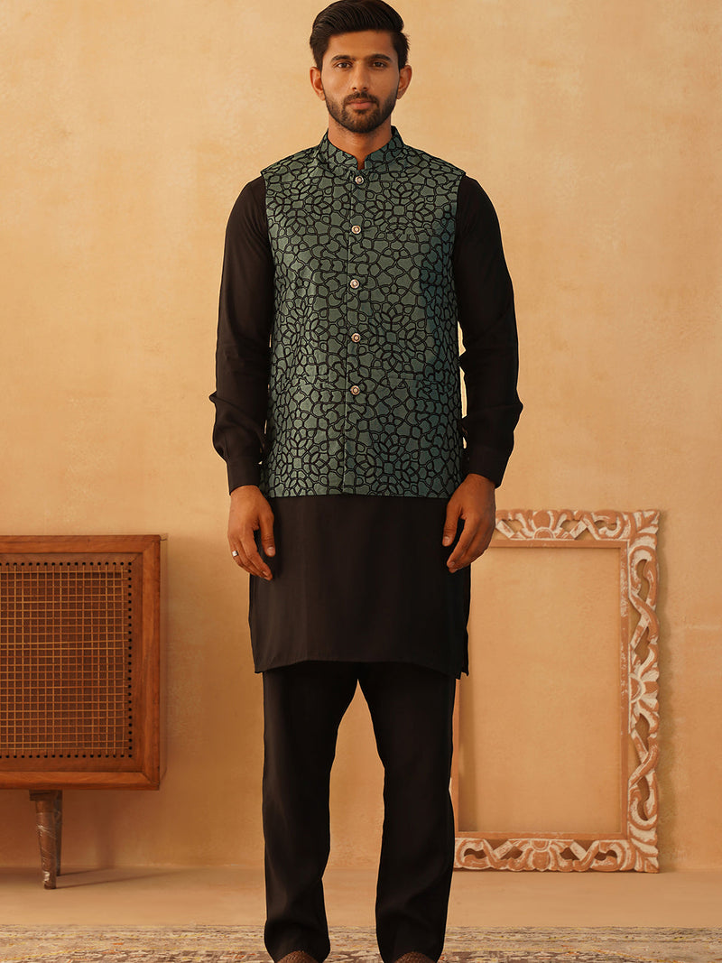 Embroidered Nehru Jacket With Solid Kurta Pyjama Set