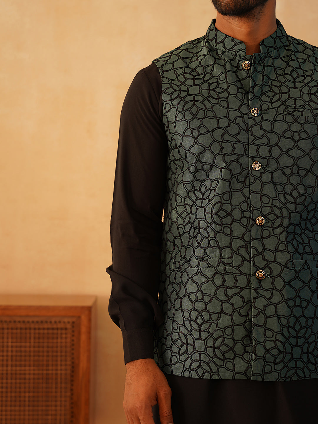 Embroidered Nehru Jacket With Solid Kurta Pyjama Set