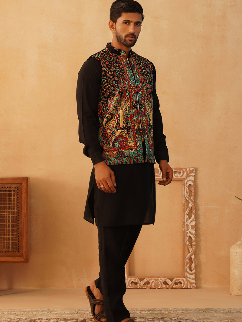 Paisley Printed Nehru Jacket With Solid Kurta Pyjama Set