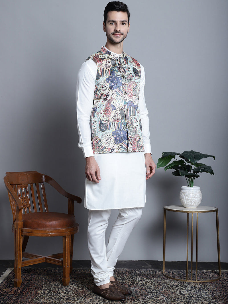 Men's Digital Print and Zari Work Nehru Jacket With Kurta Pyjama Set