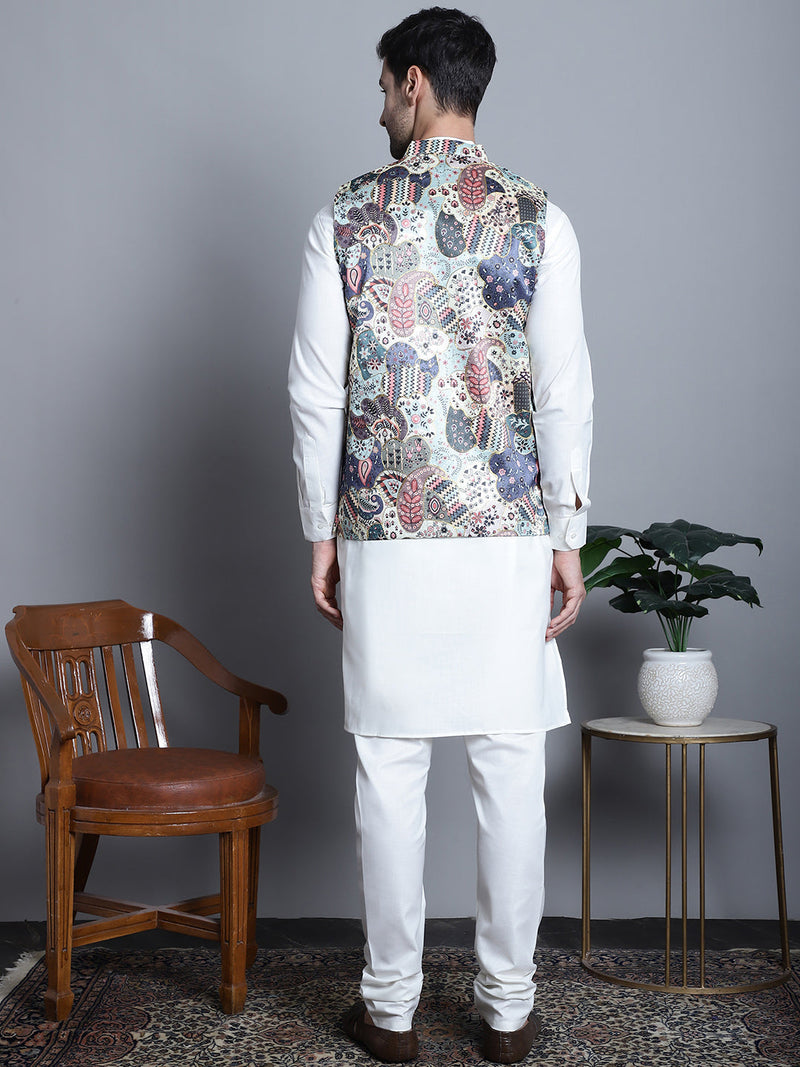 Men's Digital Print and Zari Work Nehru Jacket With Kurta Pyjama Set