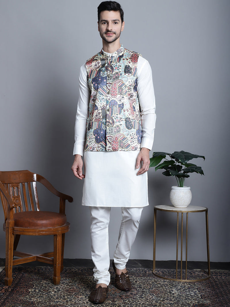 Men's Digital Print and Zari Work Nehru Jacket With Kurta Pyjama Set