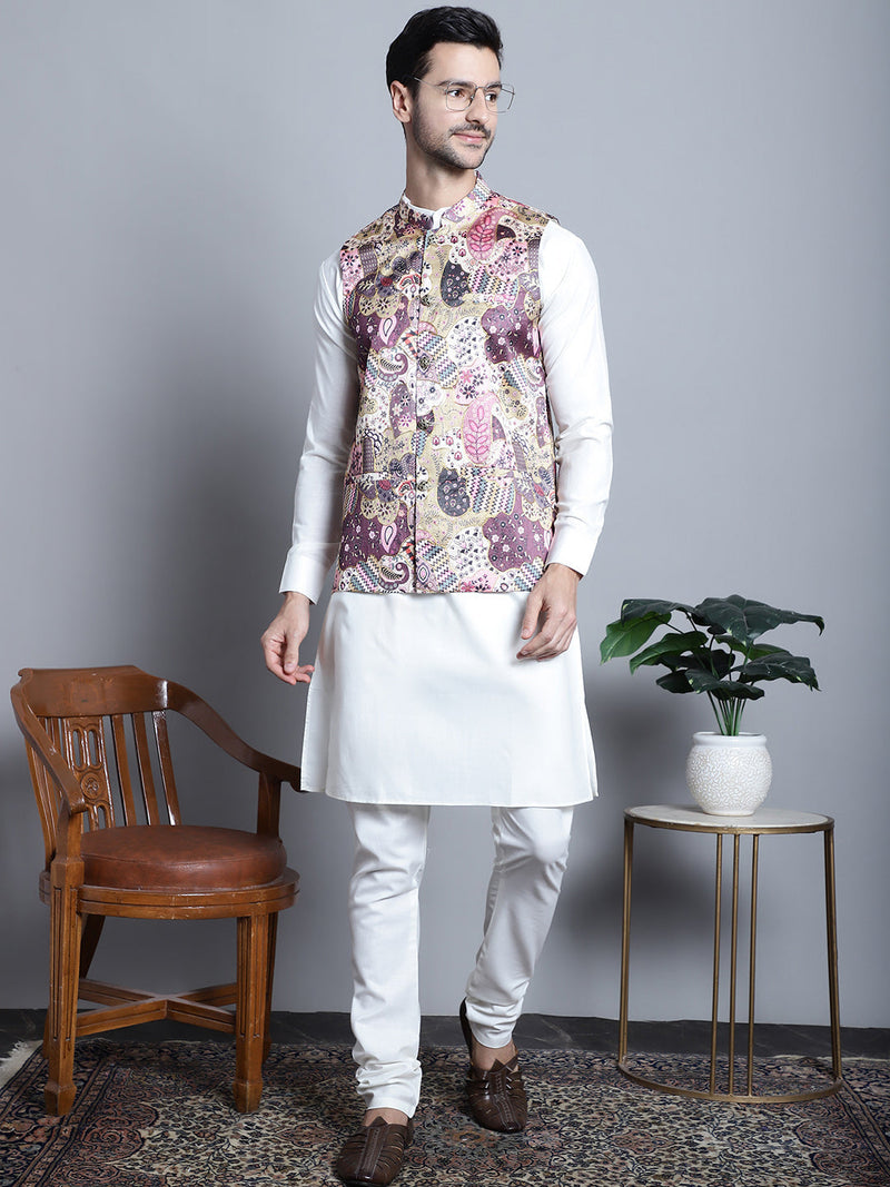 Men's Digital Print and Zari Work Nehru Jacket With Kurta Pyjama Set