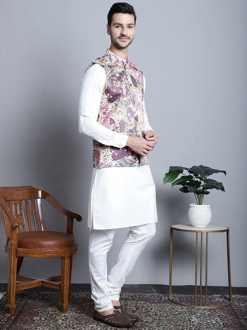 Men's Digital Print and Zari Work Nehru Jacket With Kurta Pyjama Set