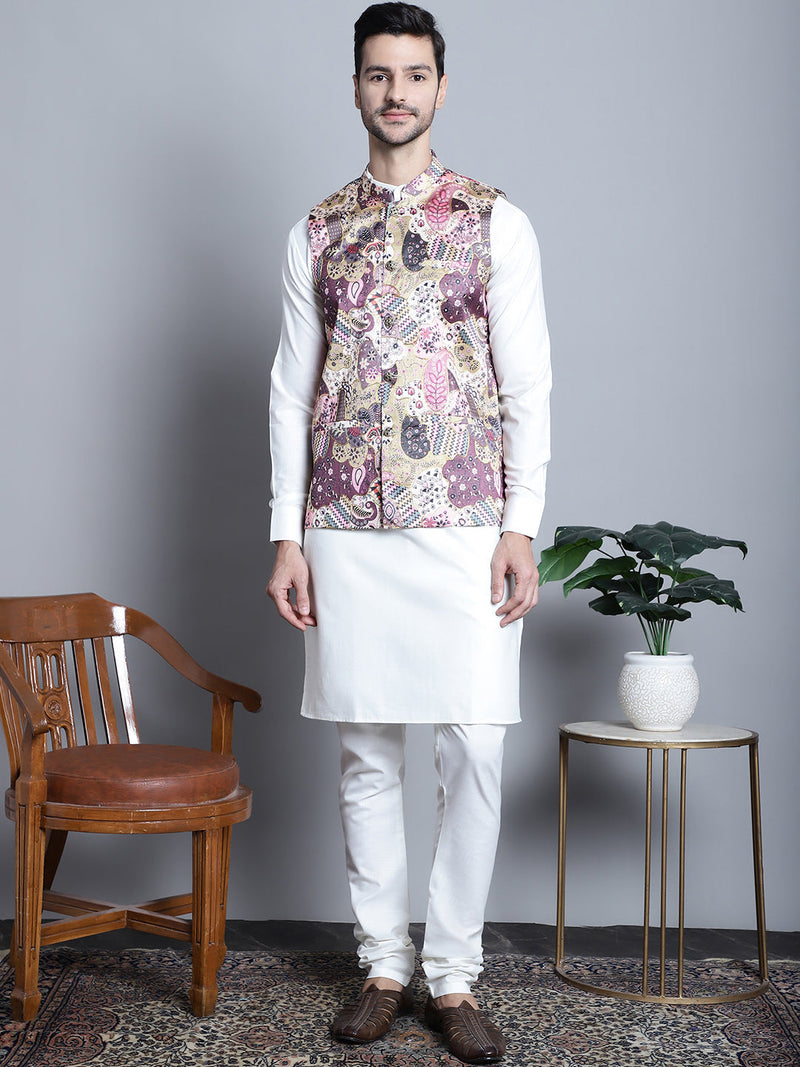 Men's Digital Print and Zari Work Nehru Jacket With Kurta Pyjama Set