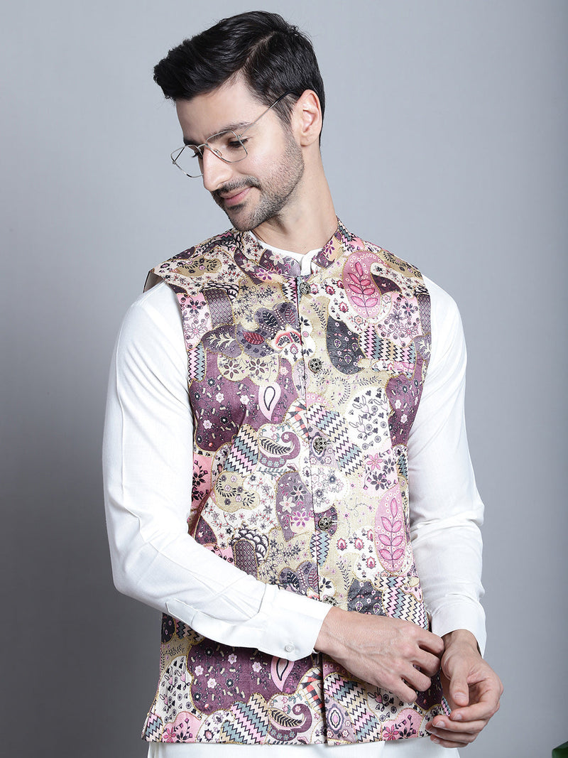 Men's Digital Print and Zari Work Nehru Jacket With Kurta Pyjama Set